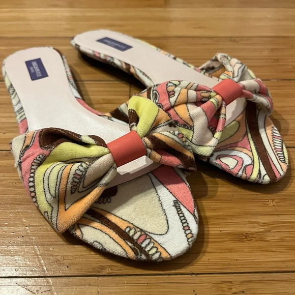 Emilio Pucci Shoes - NEW EMILIO PUCCI Designer Terry Cloth Groovy 70s Beachy Boho Slide Bow Sandals